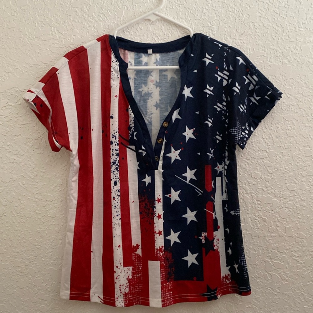 Woman’s pull over button down blouse, red white and blue, size says s fits Med